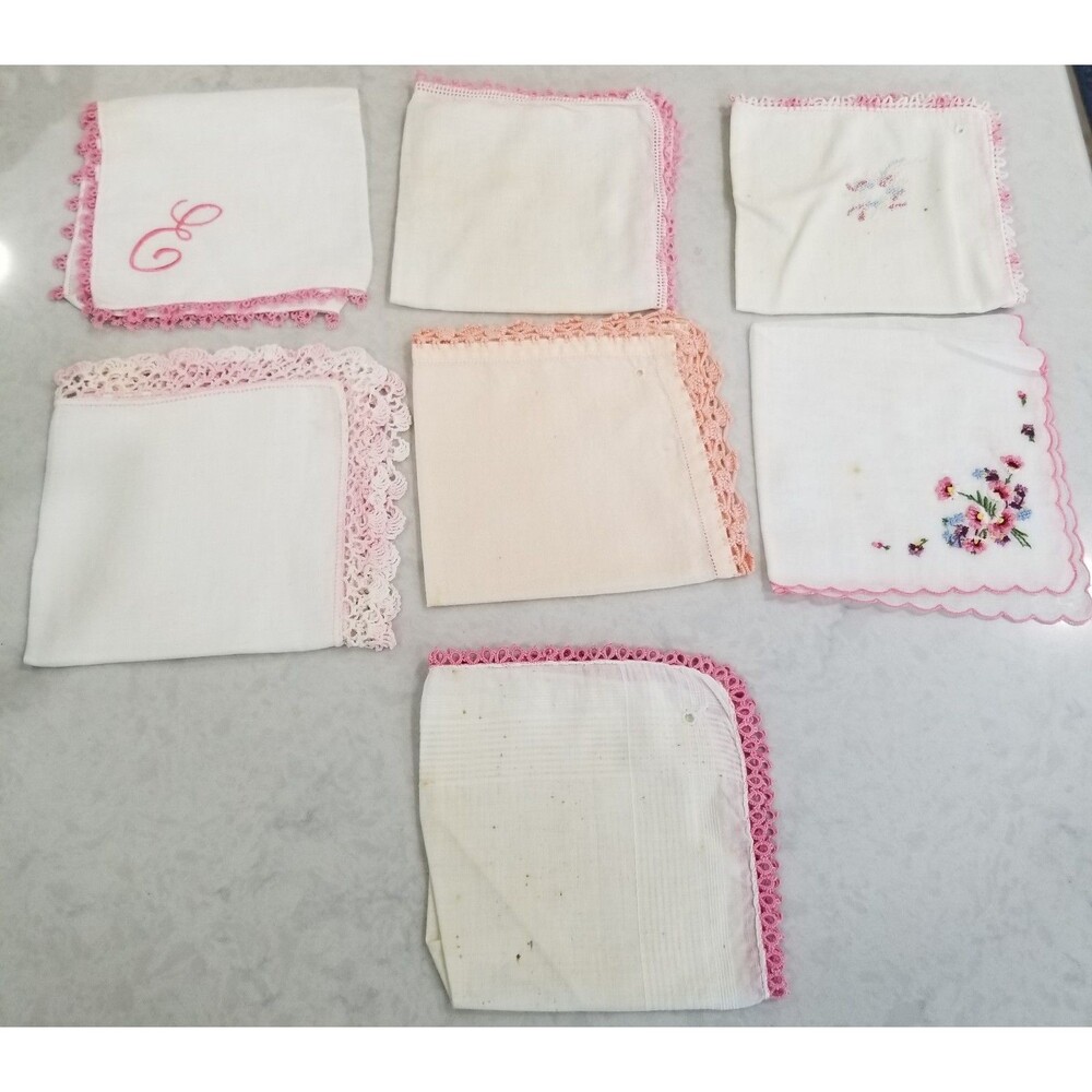Lot of 7 Vintage Floral Embroidered Handkerchiefs Crocheted Lace Edging Hankies